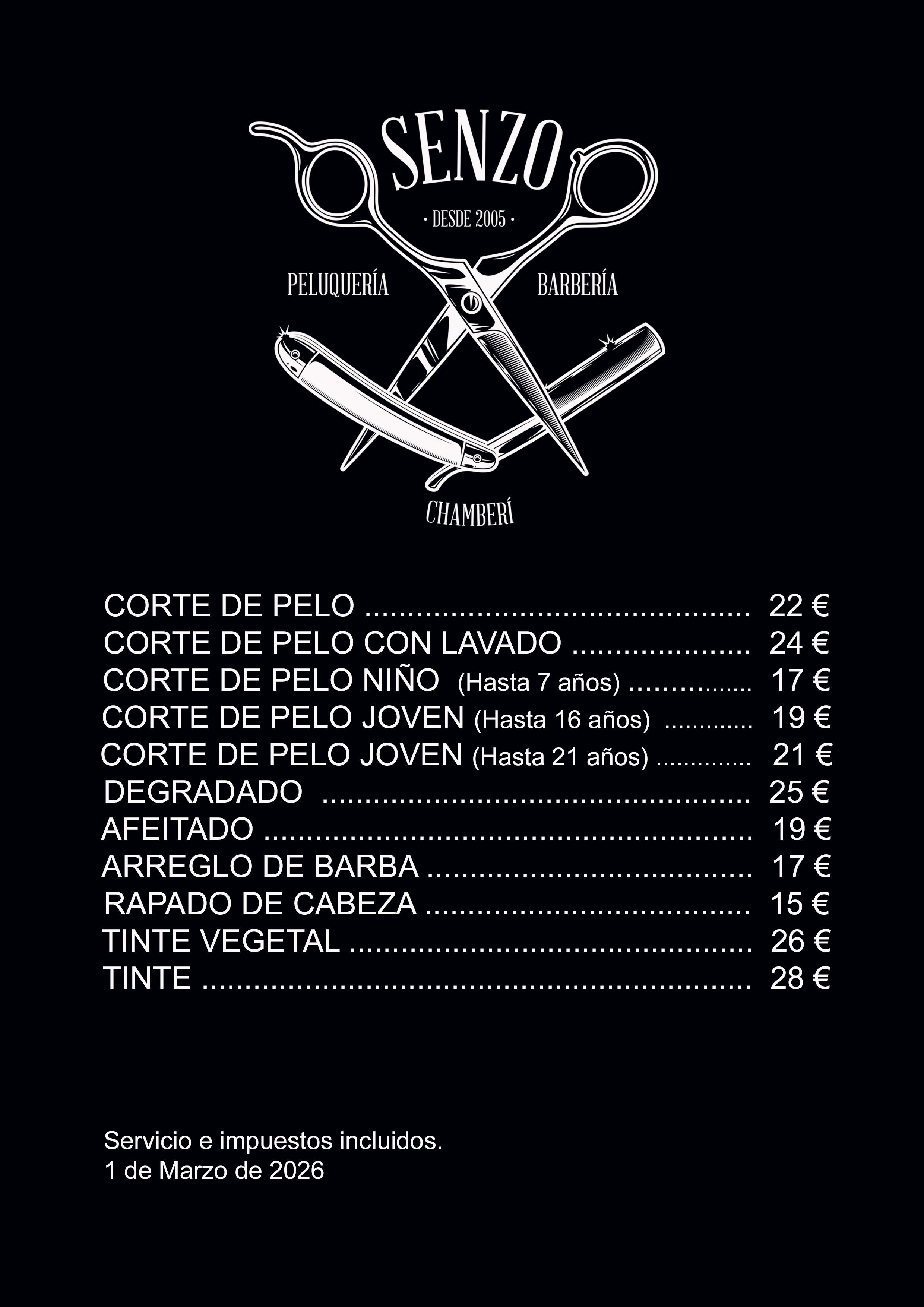 Lista de precios de Senzo Peluqueros